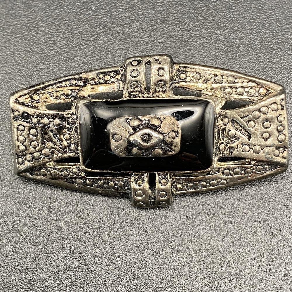 Unsigned Silver Tone Brooch Art Deco Black Onyx 1.75"